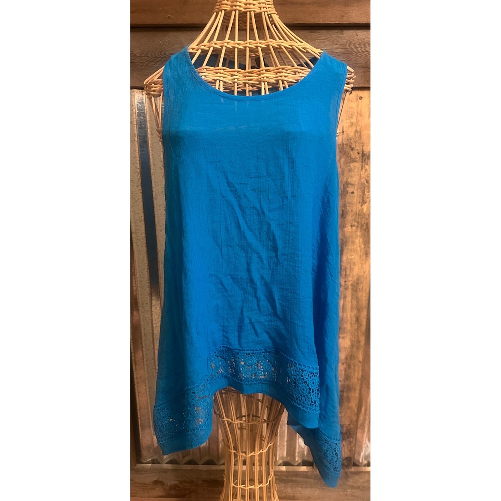 Zac & Rachel Blue Crochet Lace‎ Sharkbite Hem Tank Top L boho Beach Town Cruise